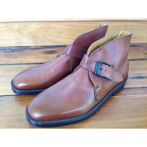 Vtg French Shriner V-Cleat Monk Pebble Grain Leather Buckle Mens Boots 7.5 40.5
